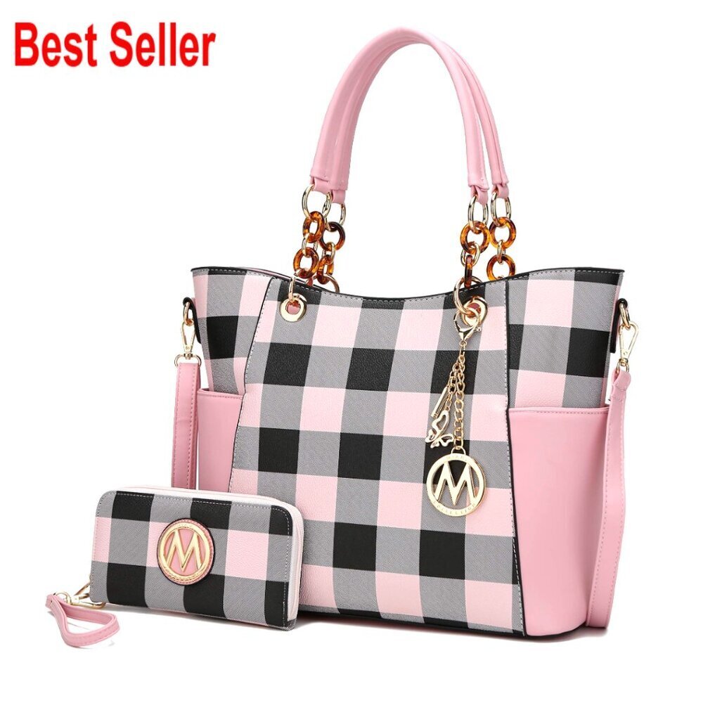 Vegan PU Leather Tote Handbag Set with Wristlet, Adjustable Strap